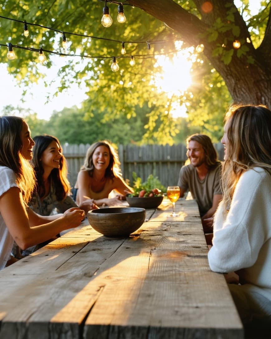 Six friends talking around a long backyard table at golden hour, under a strand of bulb lights