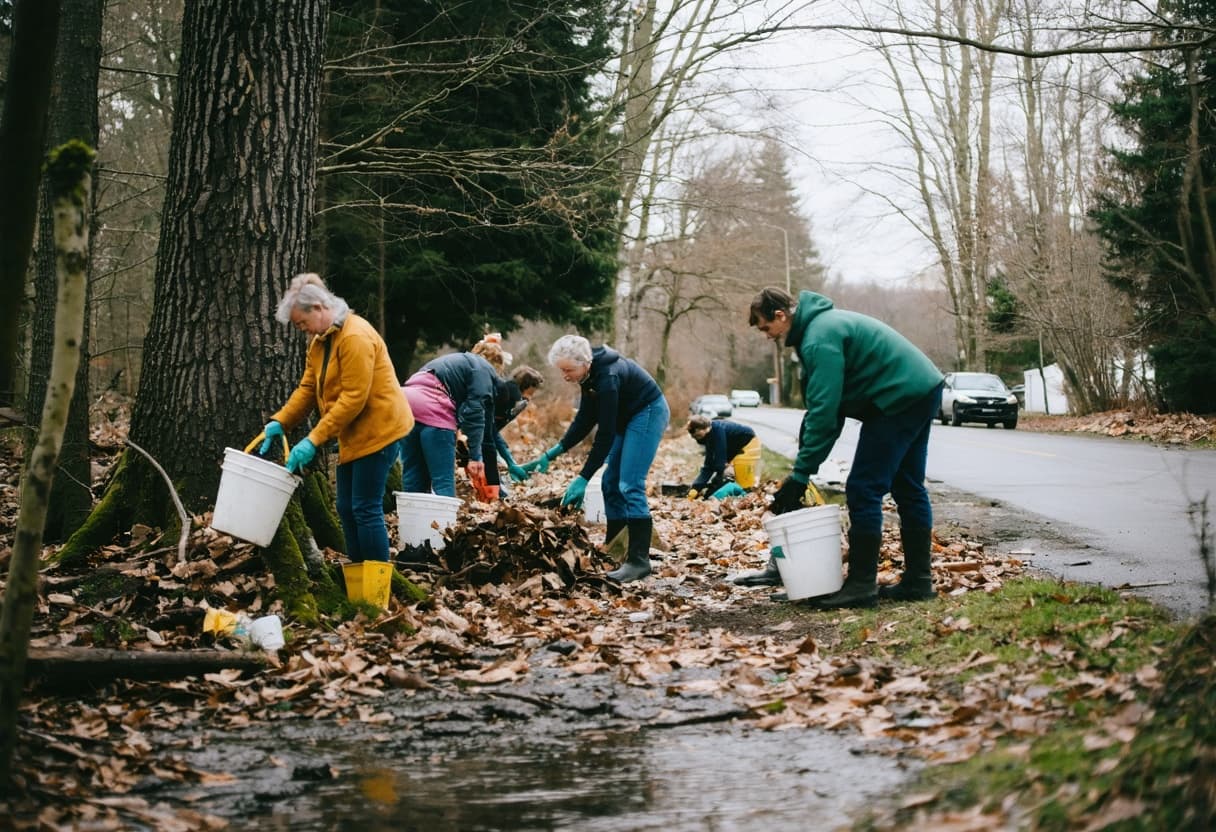 Neighbours filling buckets with litter along a creek bank on an overcast morning