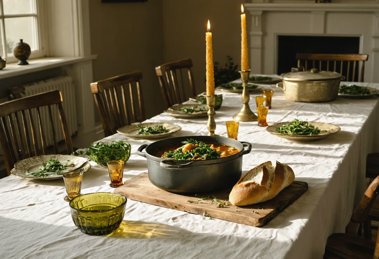 A long table laid with stew, bread and mismatched plates, waiting for guests