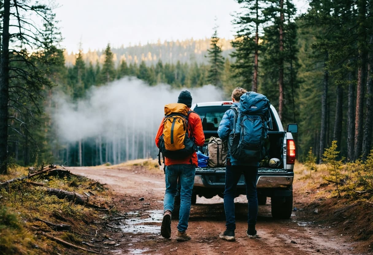 Two friends pulling packs from a truck tailgate at a misty trailhead